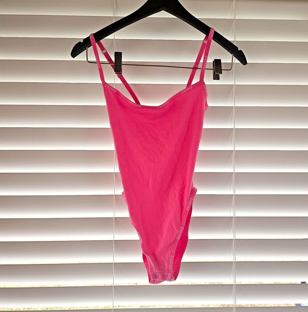 Skims Pink Logo Strap Bodysuit One Piece Stretch Adjustable Strap Womens 2XS